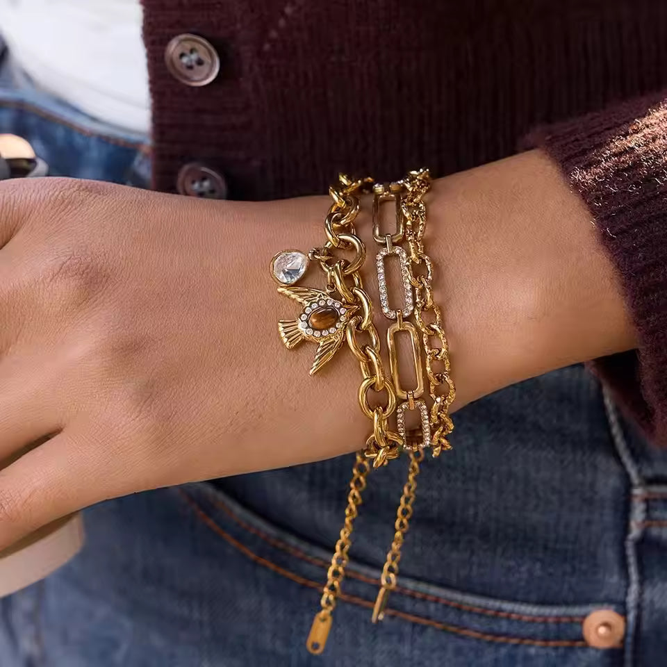 Gold-Plated Cubic Zirconia Layered Chain Bracelet Set for Women
