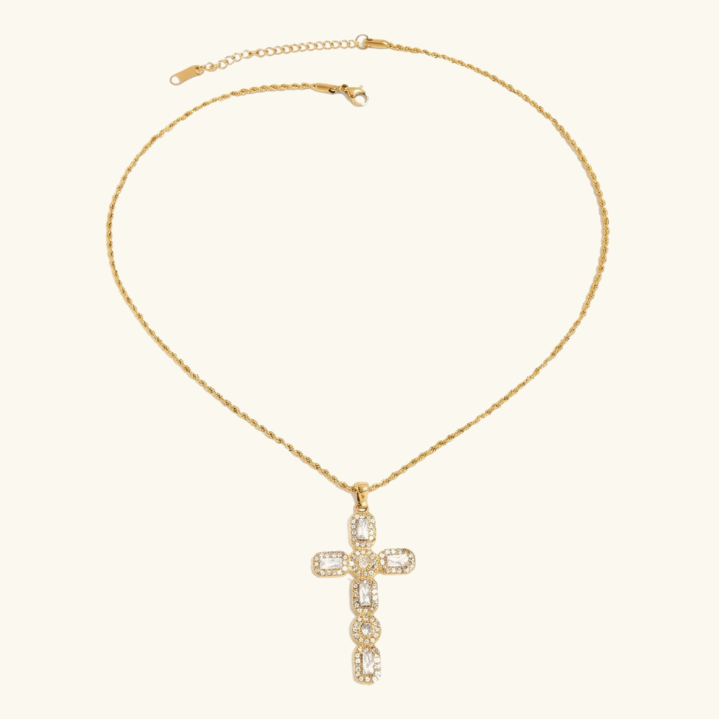 Gold Plated Cubic Zirconia Cross Pendant Necklace Women