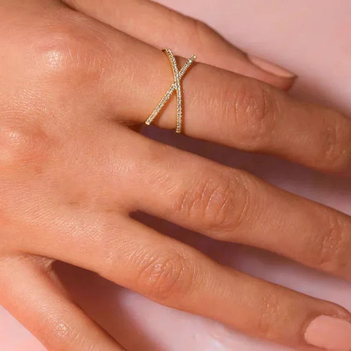 Gold-Plated Cubic Zirconia Crisscross Ring for Women