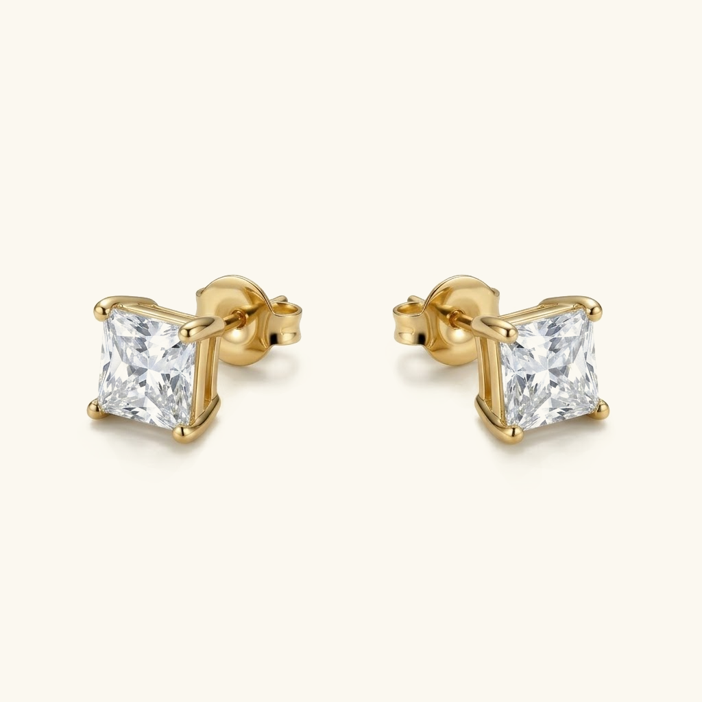 Gold-Plated Cubic Zirconia Stud Earrings for Women Steel Solitaire Studs