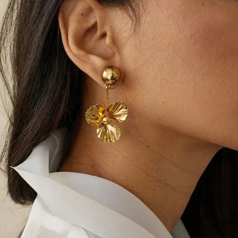 Gold-Plated Drop Earrings with Carved Petals