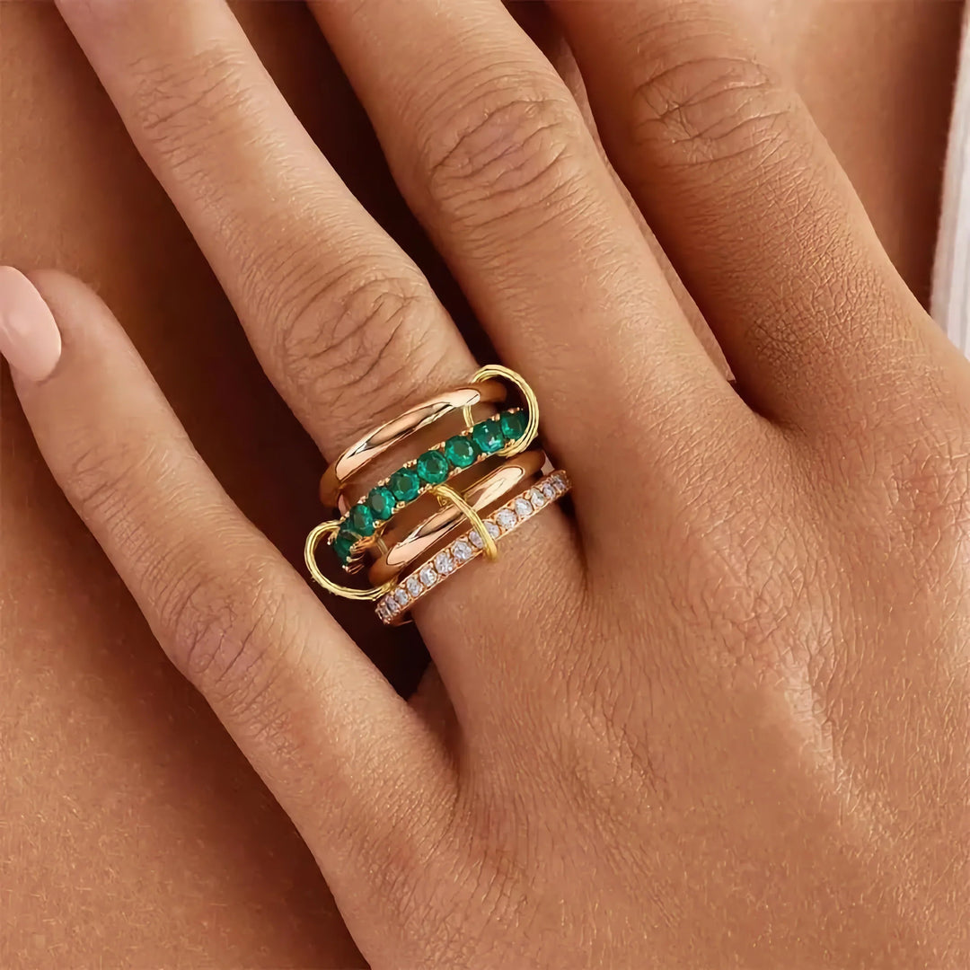 Gold-Plated Stacked CZ Ring with Green Crystal Accents