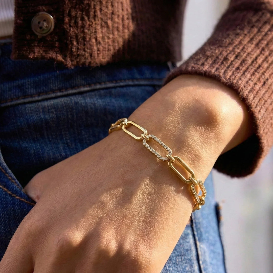Gold-Plated Cubic Zirconia Layered Chain Bracelet Set for Women