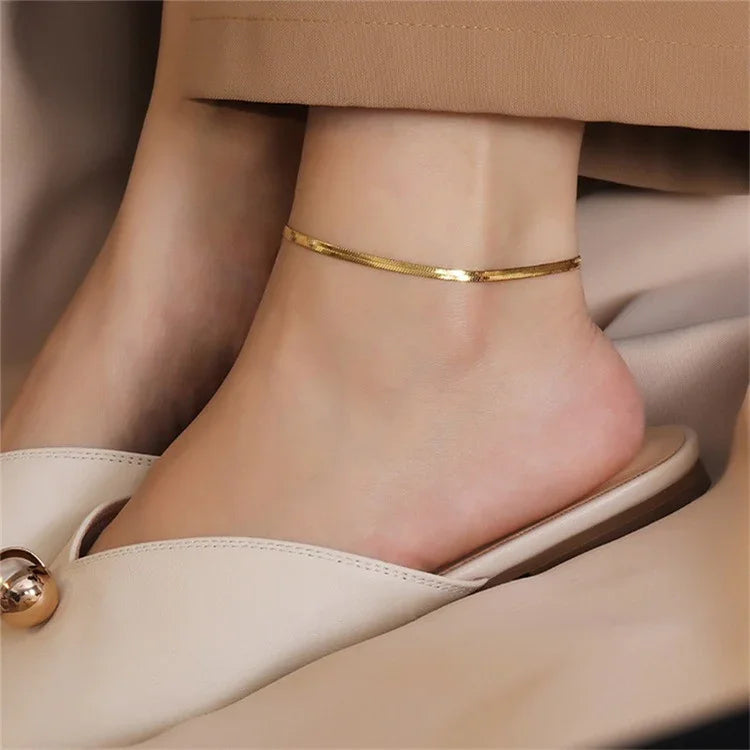 Gold-Plated Herringbone Chain Anklet for Women