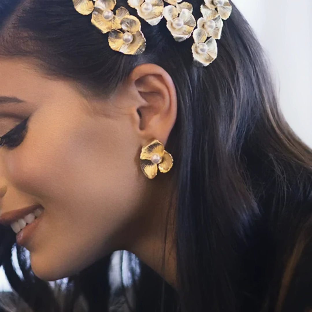 Gold-Plated Faux Pearl Floral Stud Earrings for Women