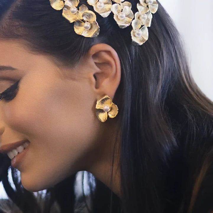 Gold-Plated Faux Pearl Floral Stud Earrings for Women