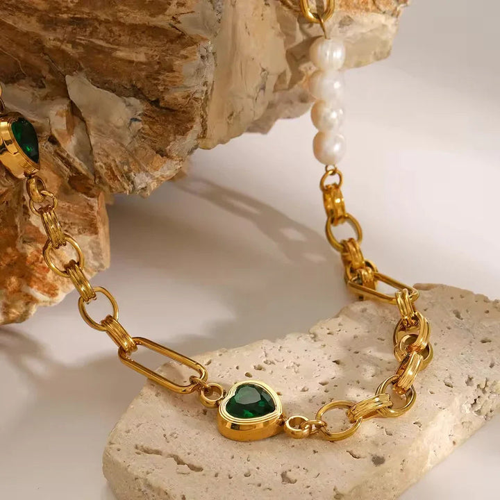 Gold Plated Stainless Steel Crystal Faux Pearl Bracelet for Women