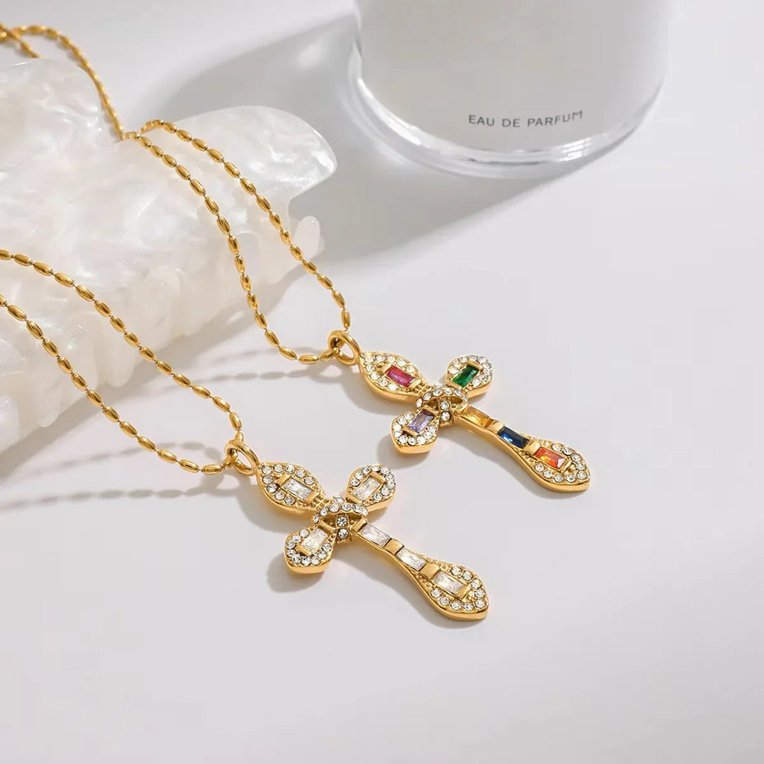 Gold-Plated CZ Cross Pendant Necklace for Women