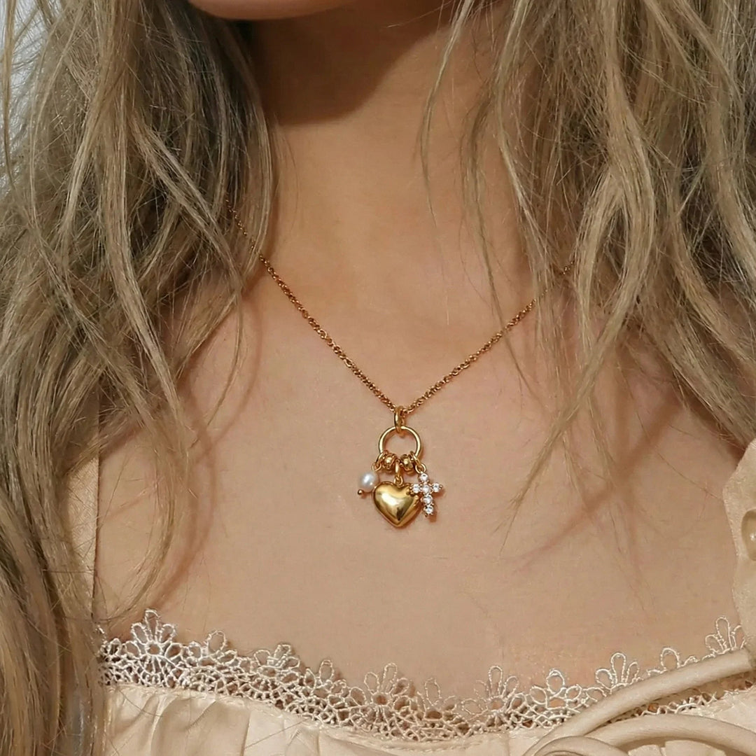 Gold-Plated Cubic Zirconia Heart Charm Pendant Necklace for Women