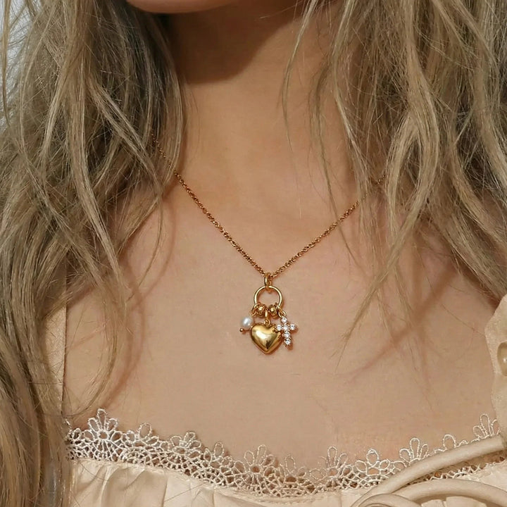 Gold-Plated Cubic Zirconia Heart Charm Pendant Necklace for Women