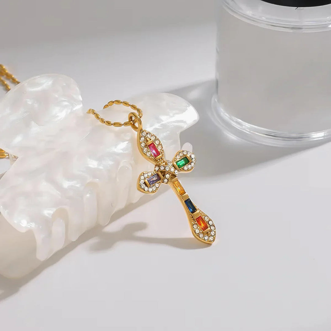 Gold-Plated CZ Cross Pendant Necklace for Women