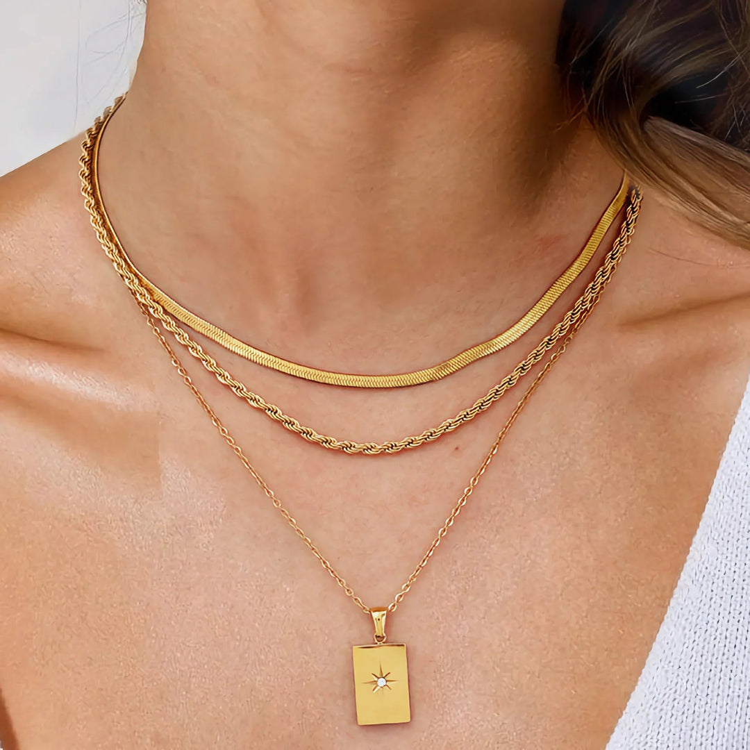 Gold-Plated Layered Necklace with Diamond Simulants