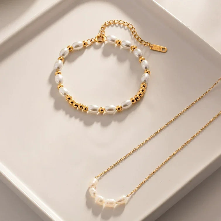 Gold-Plated Faux Pearl Beaded Bracelet for Women
