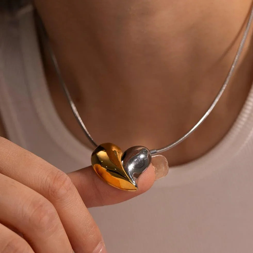 Gold Silver Two-Tone Heart Necklace with Stainless Steel
