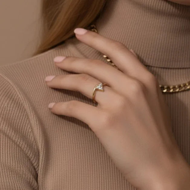 Gold-Plated Cubic Zirconia Triangle Ring for Women