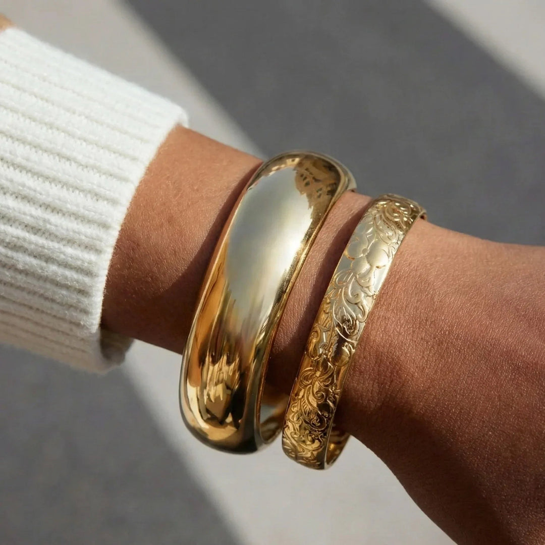 Gold-Plated Bangle Bracelet Set Textured and Smooth