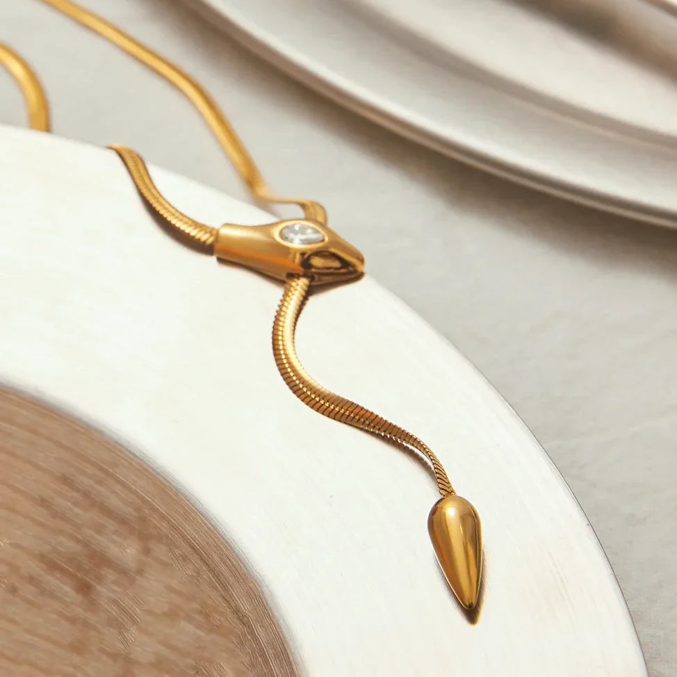 Gold Plated Cubic Zirconia Snake Pendant Necklace