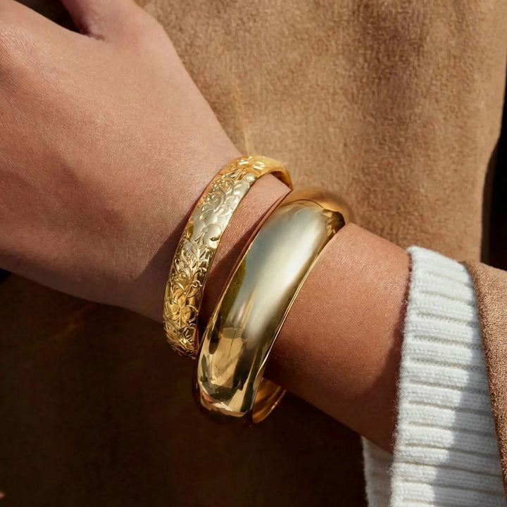 Gold-Plated Bangle Bracelet Set Textured and Smooth