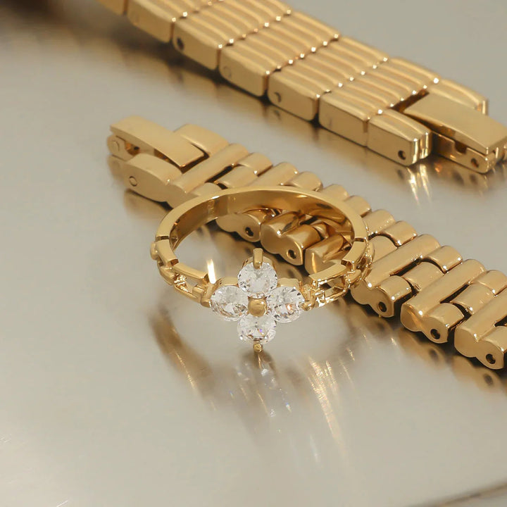 Gold-Plated Cubic Zirconia Floral Ring for Women