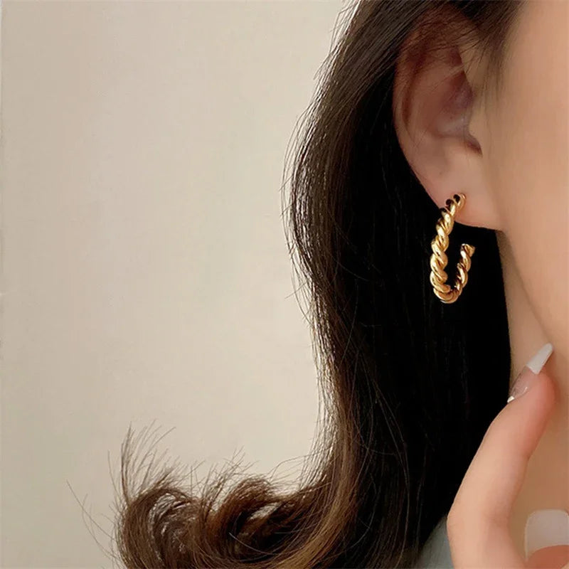 Gold-Plated Twist Hoop Earrings Women