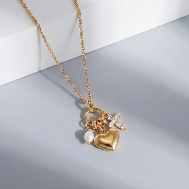 Gold-Plated Cubic Zirconia Heart Charm Pendant Necklace for Women