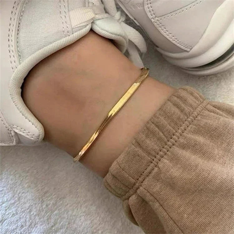 Gold-Plated Herringbone Chain Anklet for Women