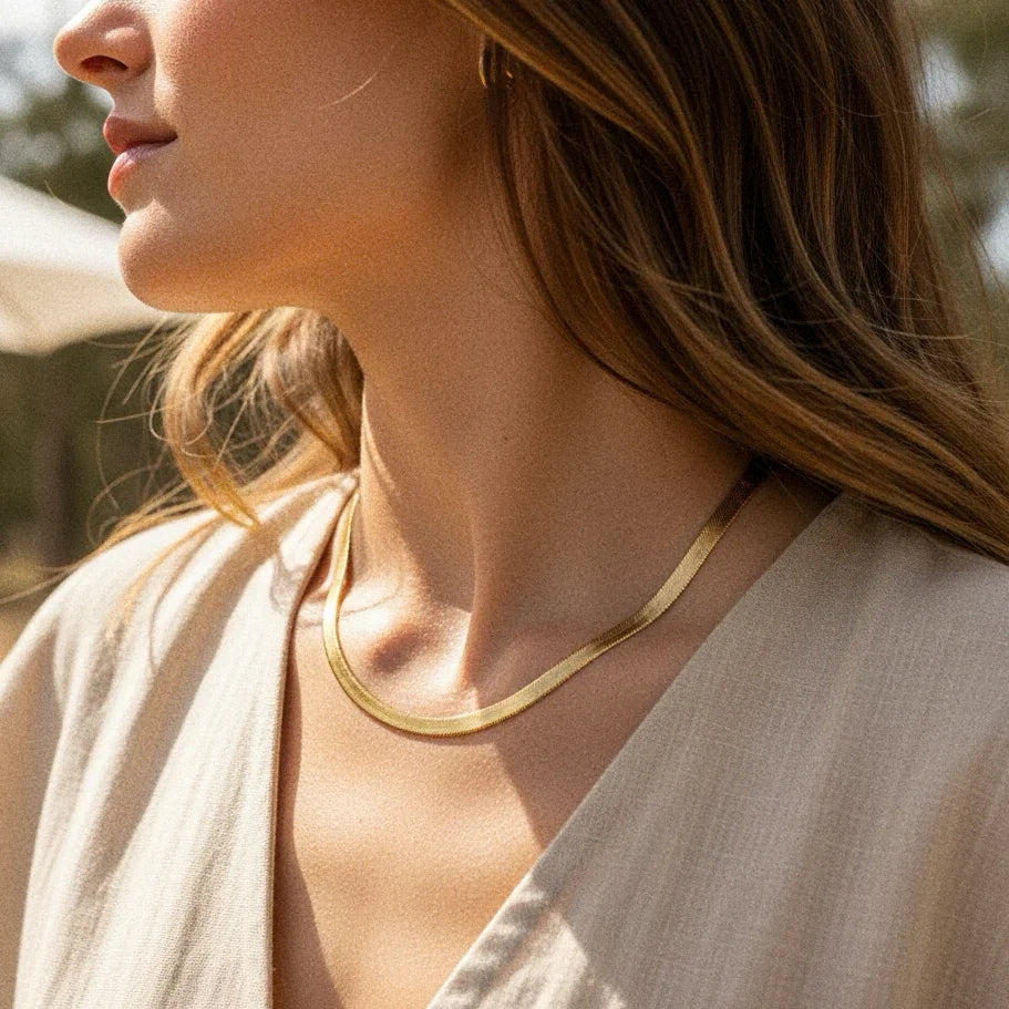Gold-Plated Flat Herringbone Chain Necklace for Women