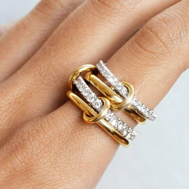 Gold-Plated Stacked CZ Ring with Silver-Tone Bands