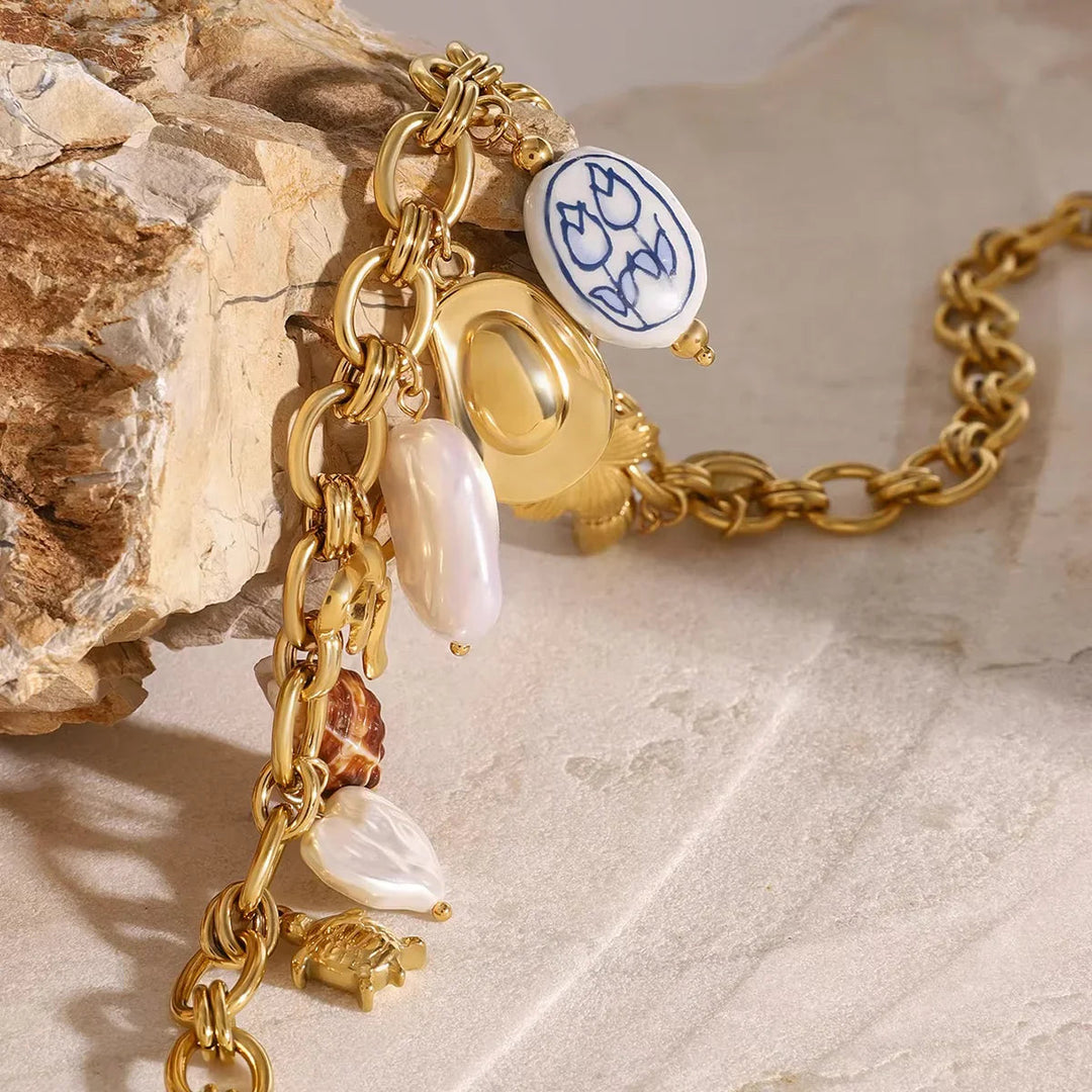 Gold-Plated Faux Pearl Charm Necklace for Women