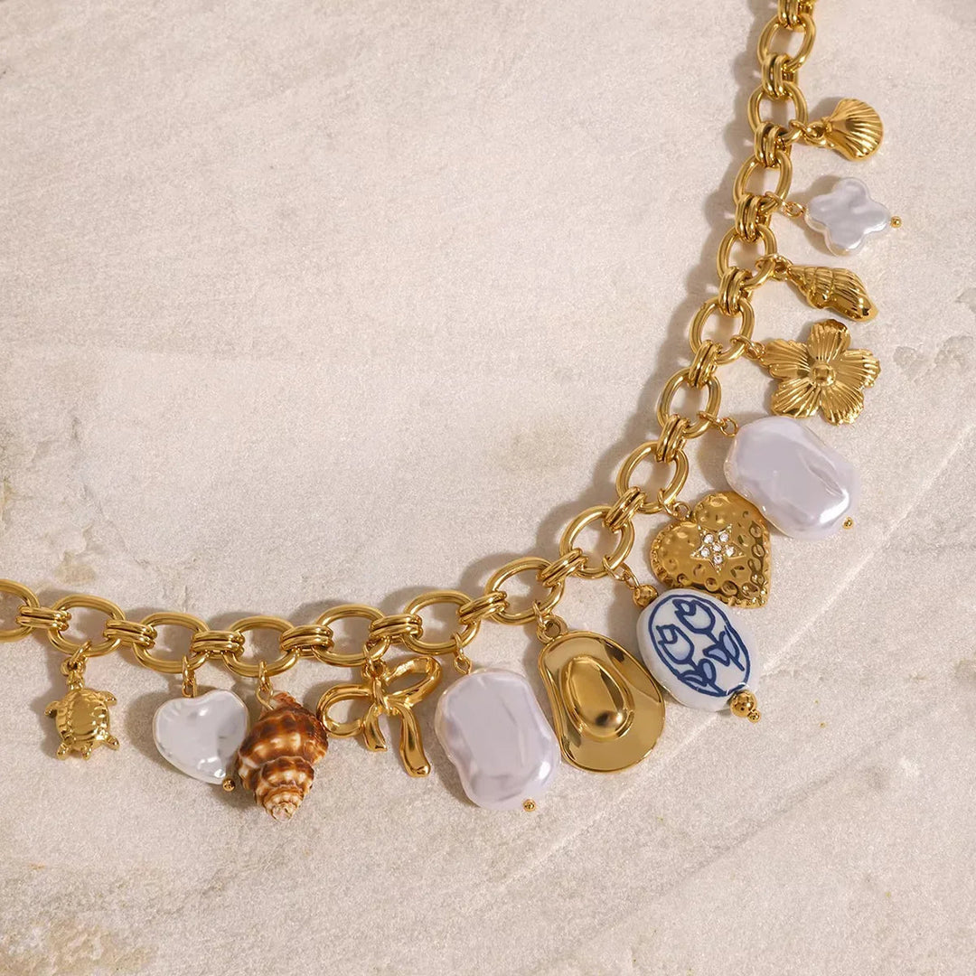 Gold-Plated Faux Pearl Charm Necklace for Women