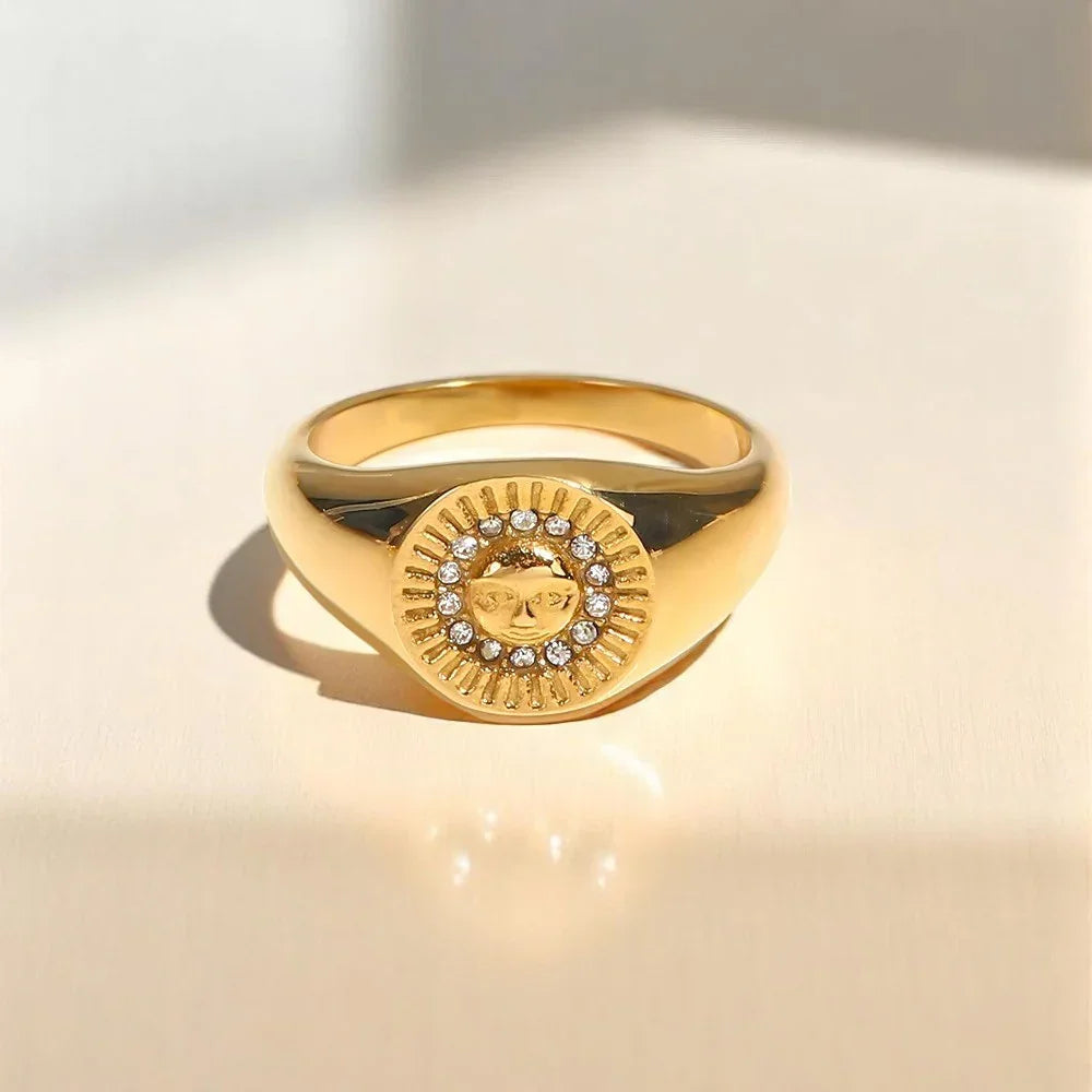 Gold-Plated CZ Sunface Signet Ring for Women