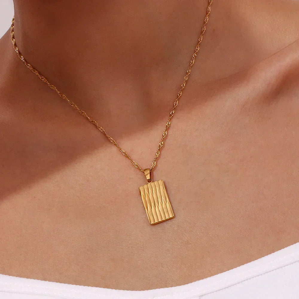 Gold-Plated Rectangular Pendant Necklace For Women