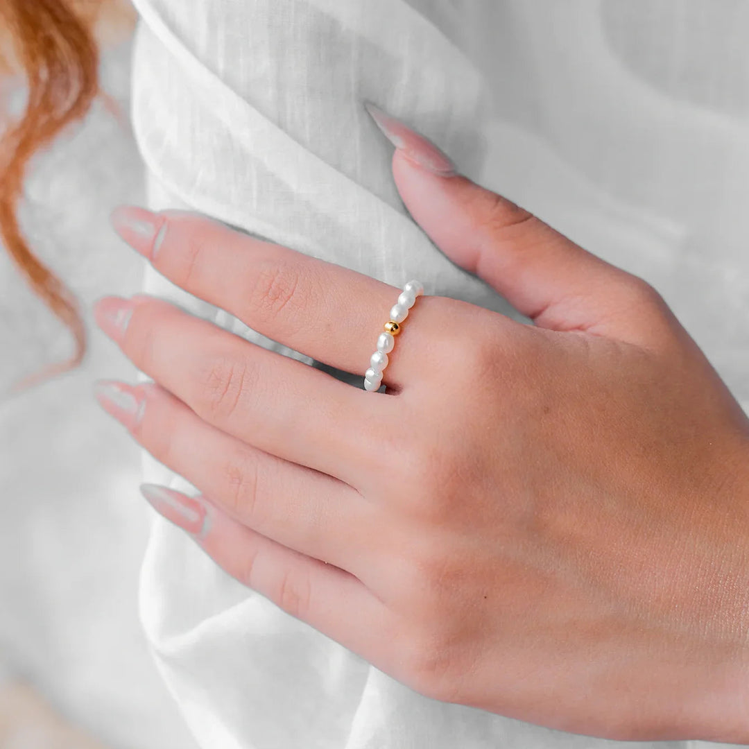 Dainty Gold-Plated Faux Pearl Band Ring for Women