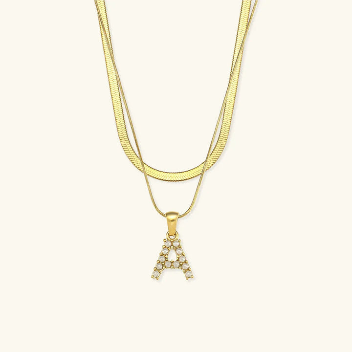 Gold-Plated Layered Initial Letter Necklace with Freshwater Pearls