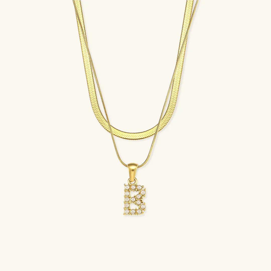 Gold-Plated Layered Initial Letter Necklace with Freshwater Pearls