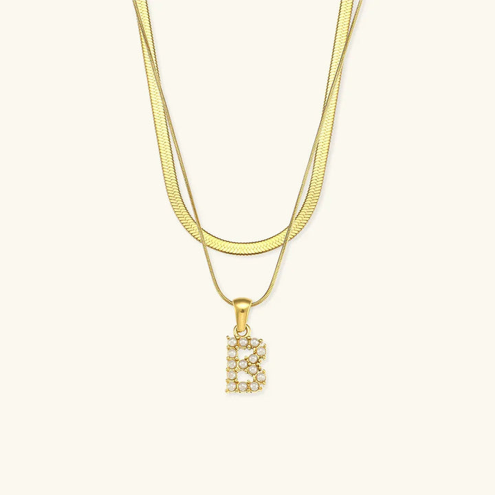 Gold-Plated Layered Initial Letter Necklace with Freshwater Pearls