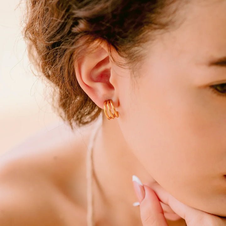 Gold-Plated Hoop Earrings Women Triple Band