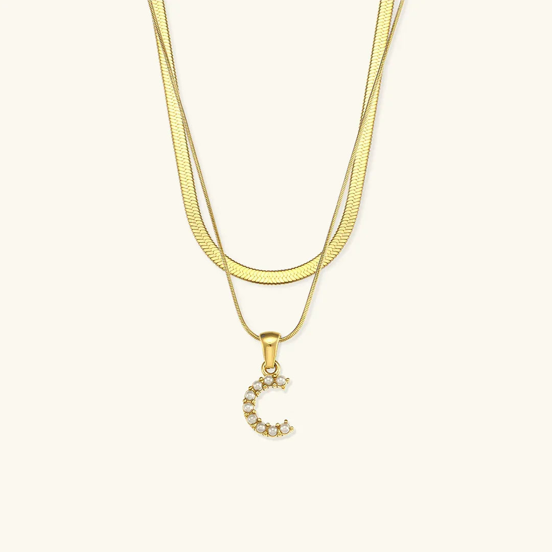 Gold-Plated Layered Initial Letter Necklace with Freshwater Pearls