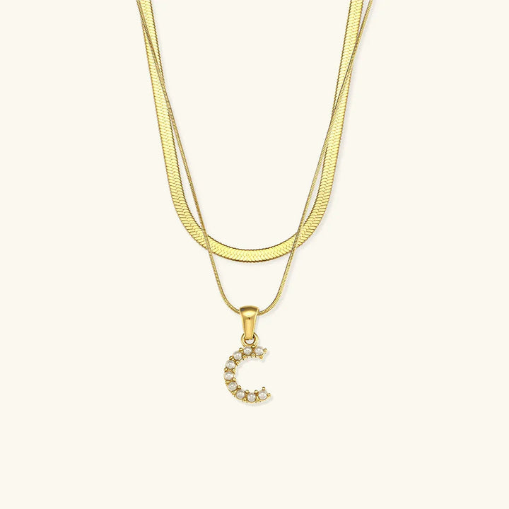 Gold-Plated Layered Initial Letter Necklace with Freshwater Pearls