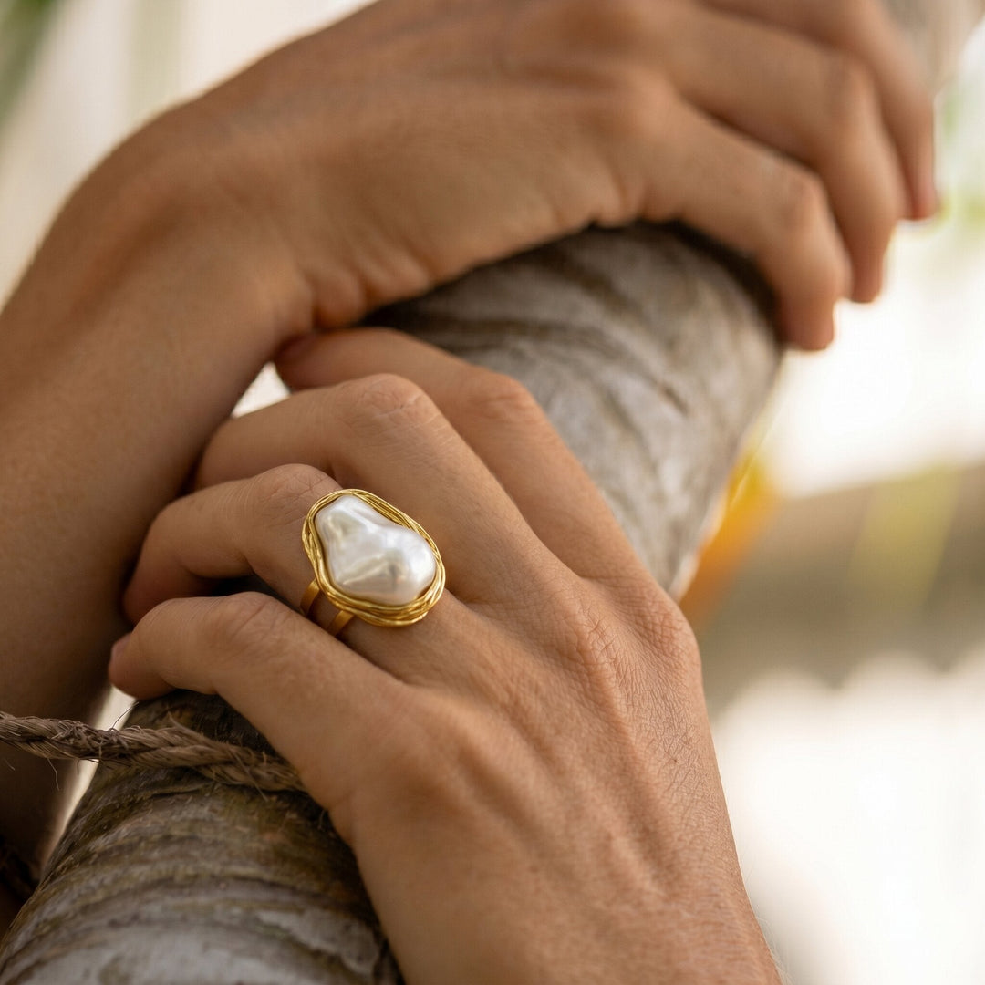 Gold-Plated Chunky Faux Pearl Ring