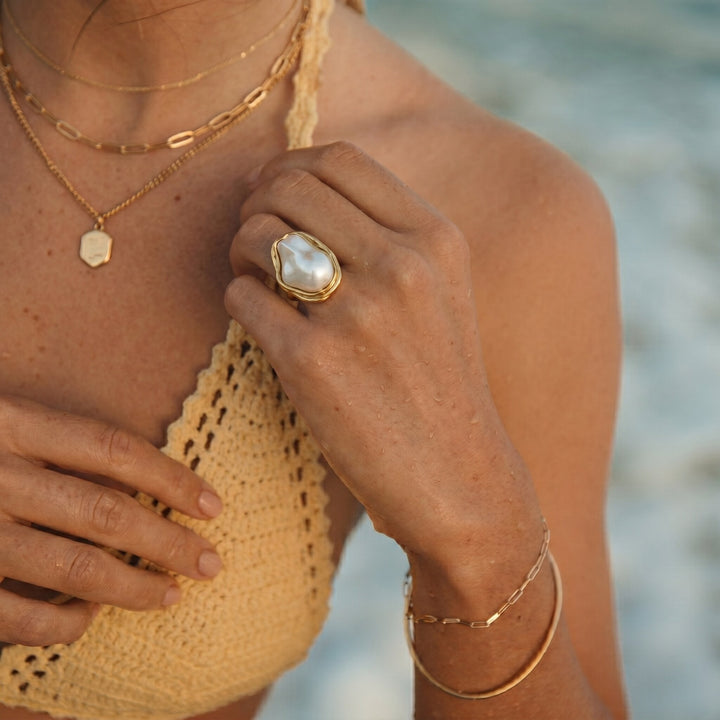Gold-Plated Chunky Faux Pearl Ring