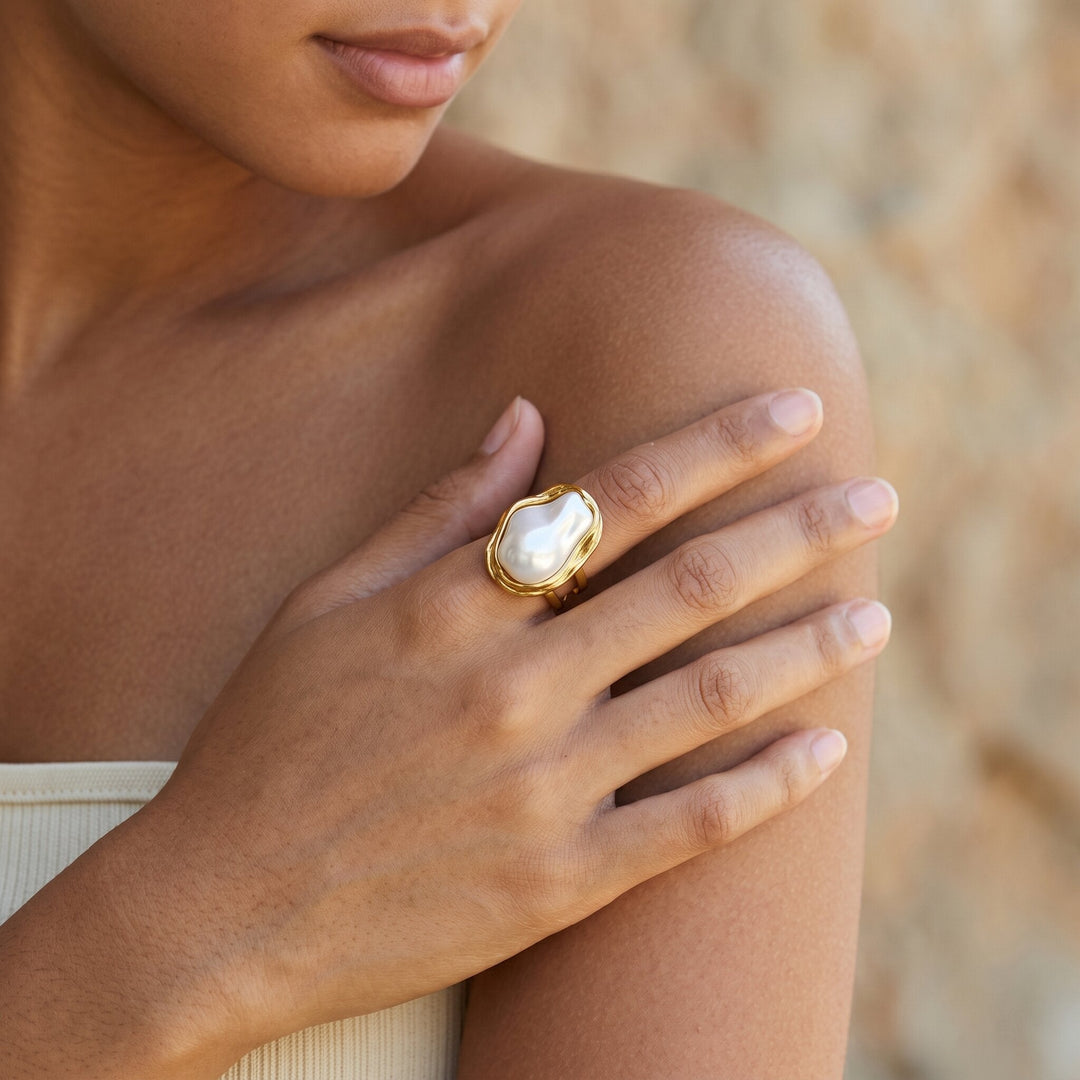 Gold-Plated Chunky Faux Pearl Ring