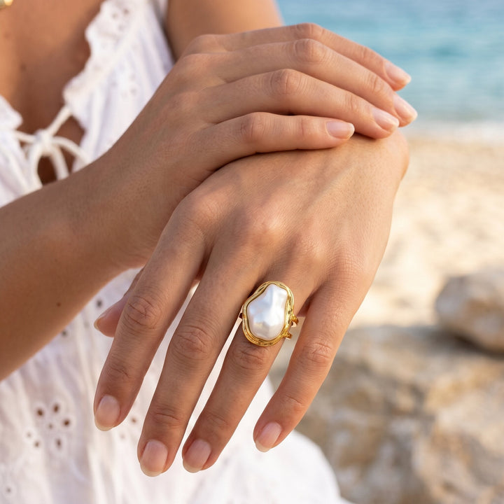 Gold-Plated Chunky Faux Pearl Ring