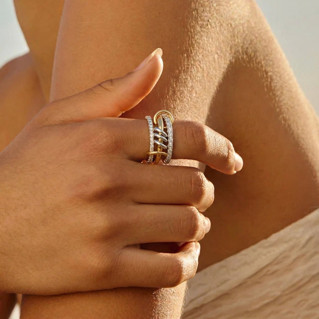 Gold-Plated Stacked CZ Ring with Silver-Tone Bands