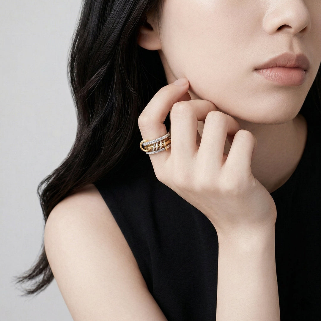 Gold-Plated Stacked CZ Ring with Silver-Tone Bands