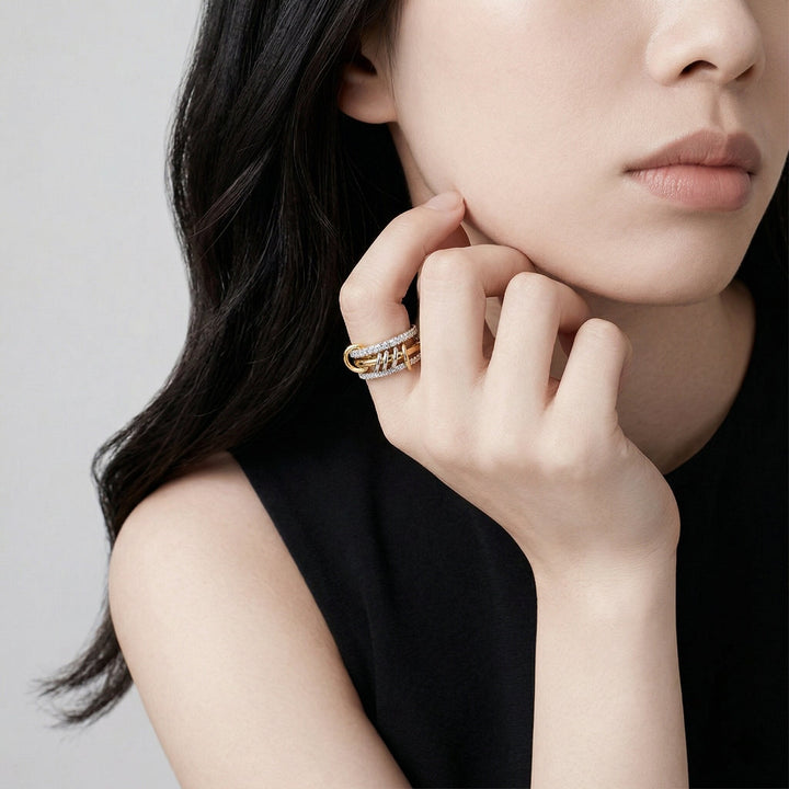 Gold-Plated Stacked CZ Ring with Silver-Tone Bands