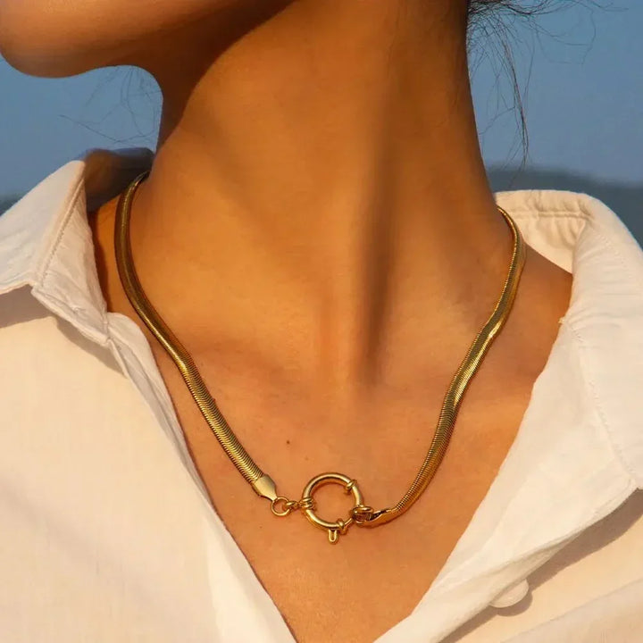 Gold-Plated Snake Chain Necklace with Round Pendant