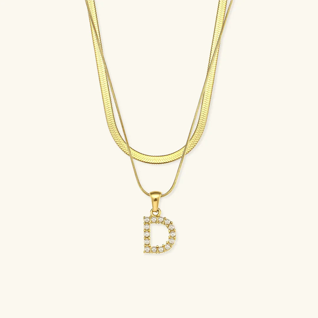 Gold-Plated Layered Initial Letter Necklace with Freshwater Pearls
