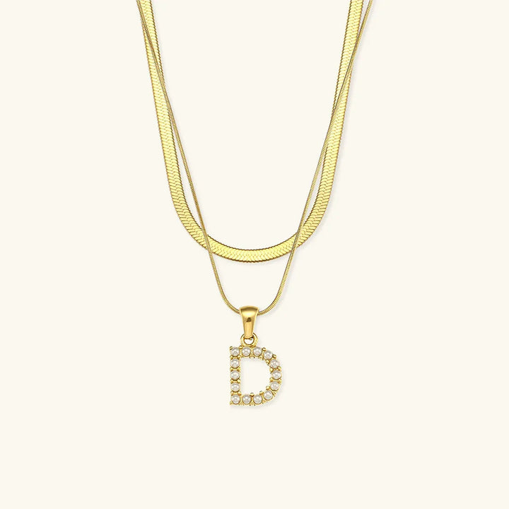 Gold-Plated Layered Initial Letter Necklace with Freshwater Pearls