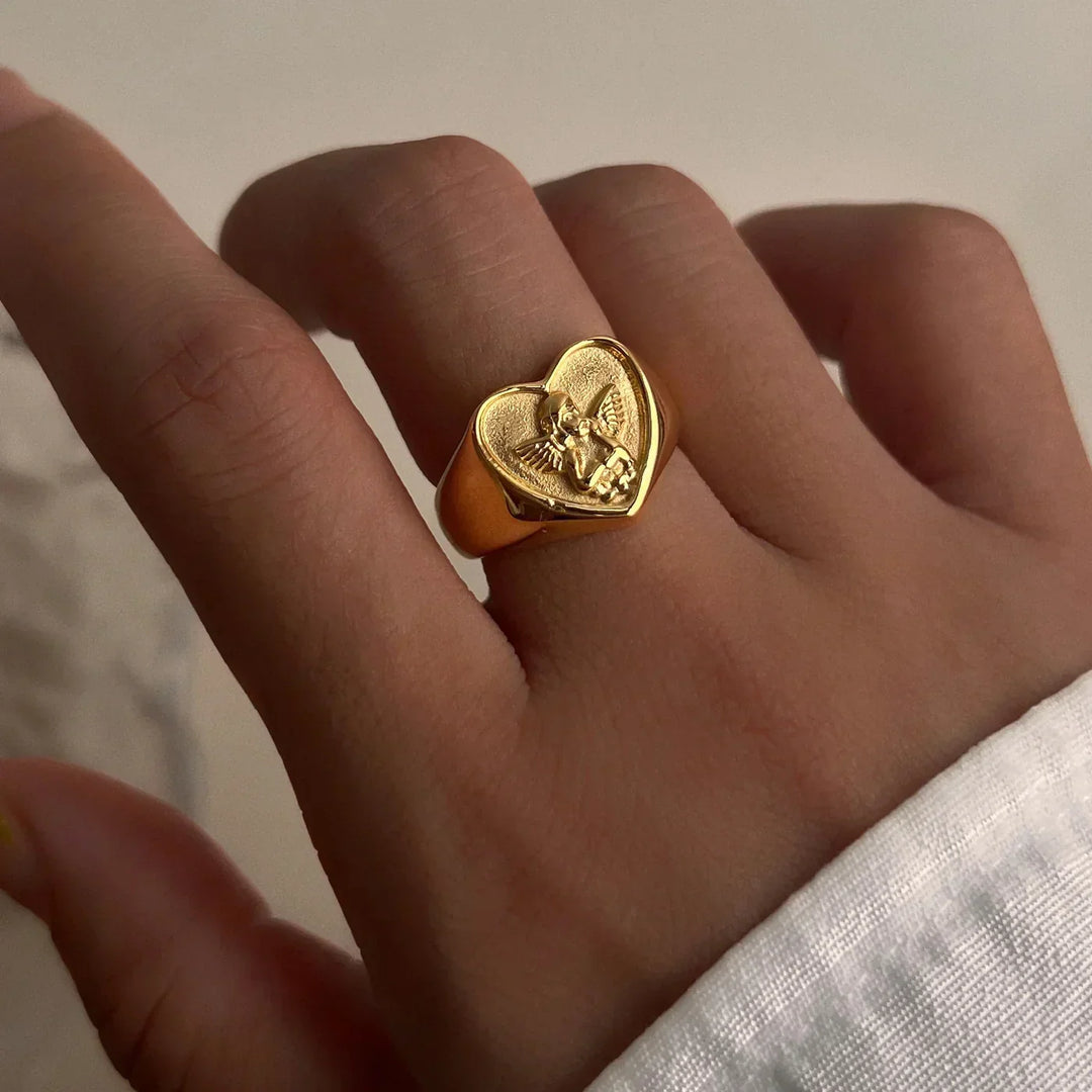 Gold-Plated Heart-Shaped Ring with Engraved Angel